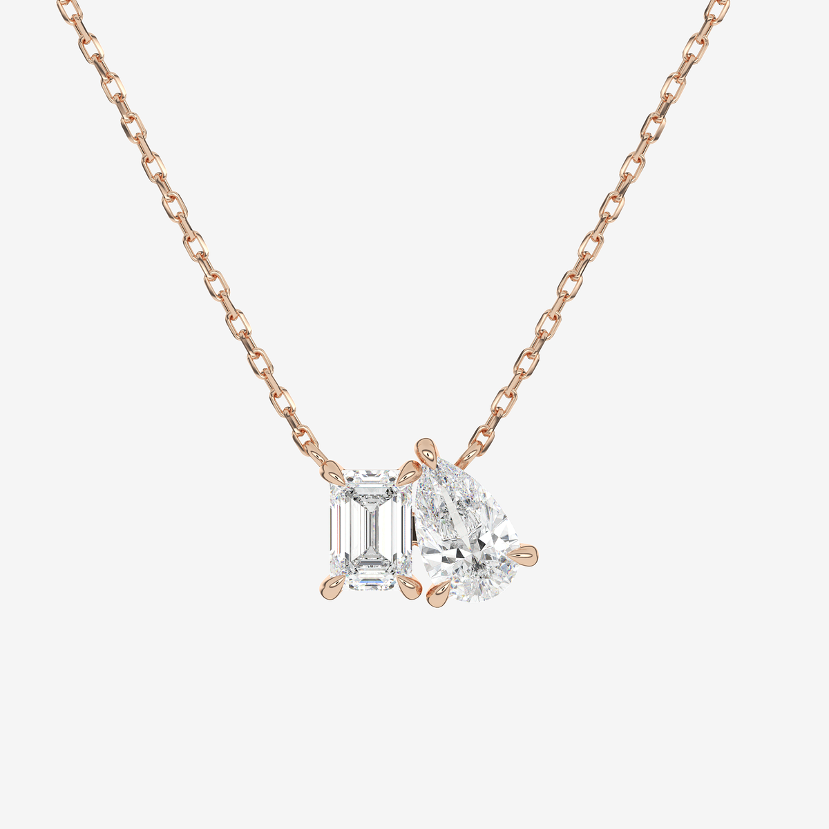 14K Rose Gold Toi et Moi Emerald and Pear Lab Grown Diamond Necklace