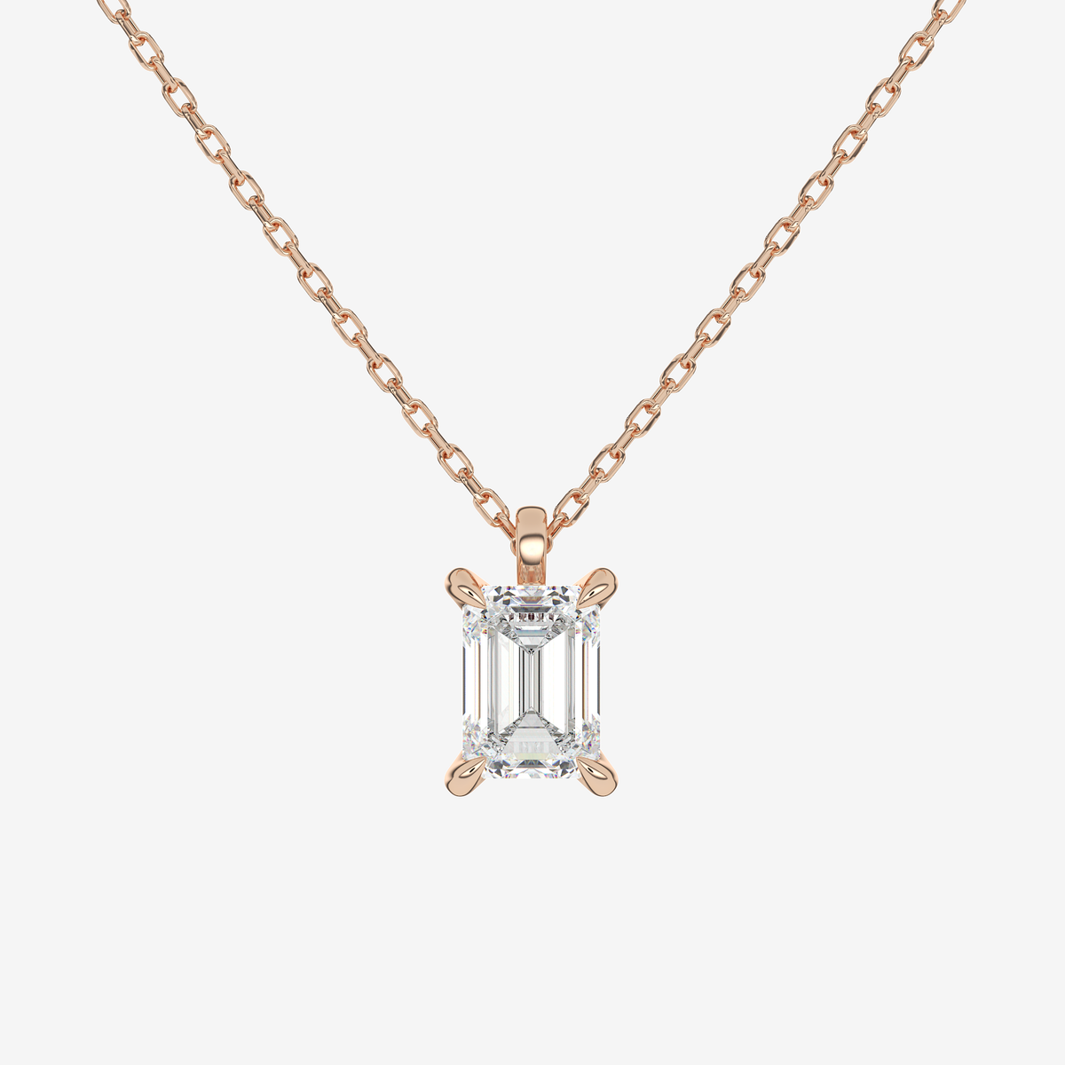 14K Rose Gold Emerald Solitaire Lab Grown Diamond Pendant Necklace