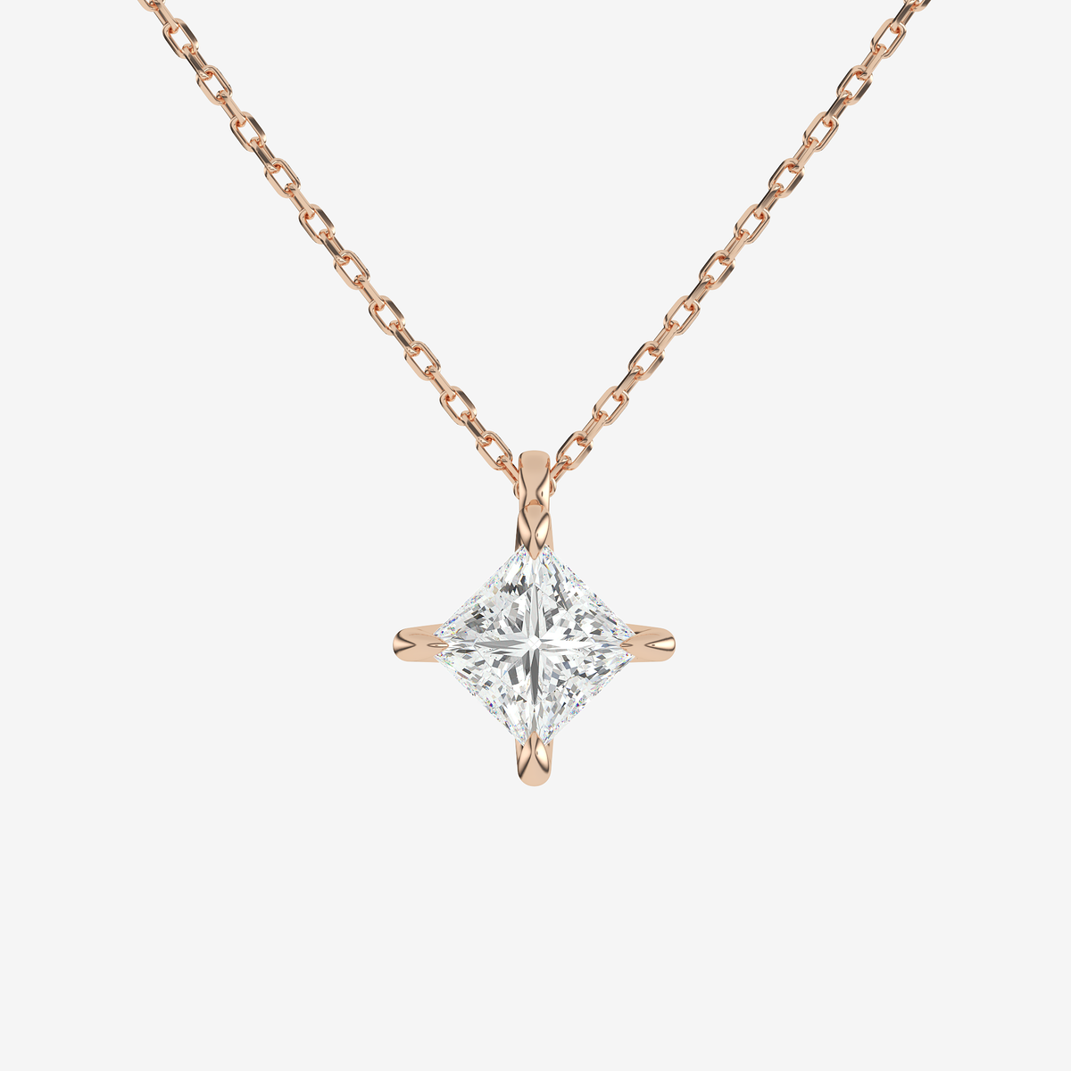 14K Rose Gold Princess Solitaire Lab Grown Diamond Pendant Necklace