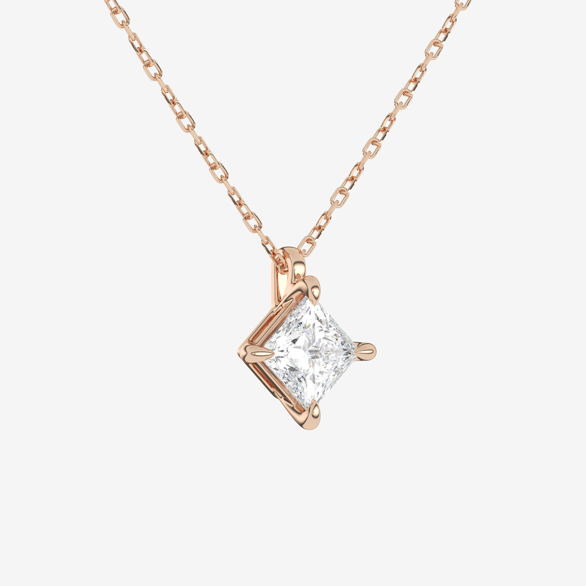 14K Rose Gold Princess Solitaire Lab Grown Diamond Pendant Necklace
