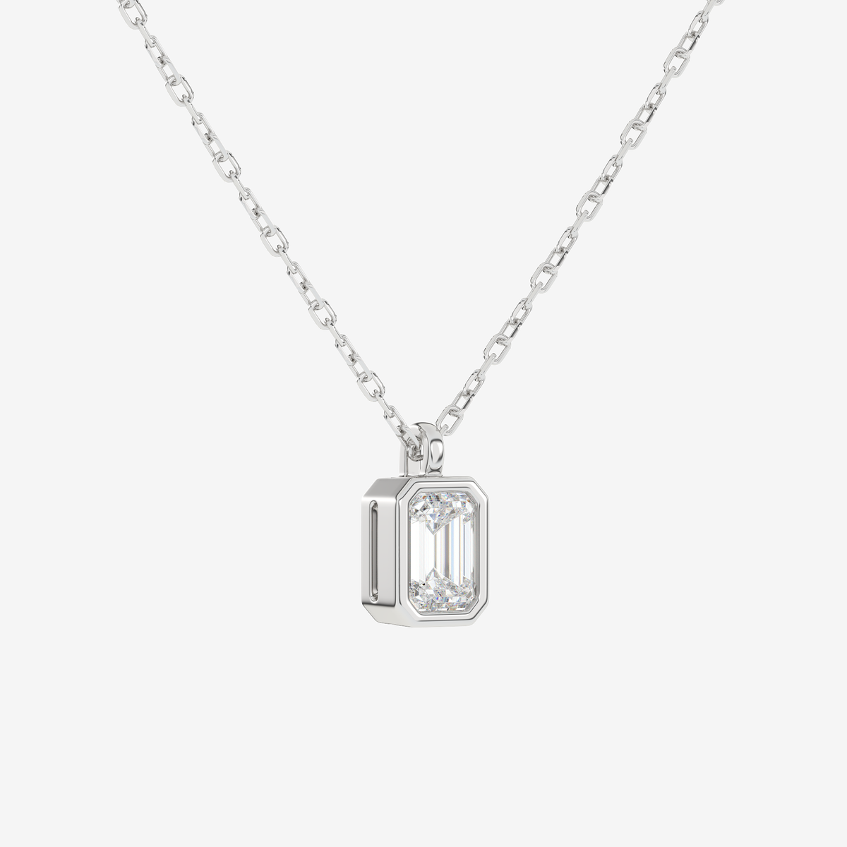 14K White Gold Emerald Bezel Solitaire Lab Grown Diamond Pendant Necklace